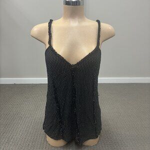 Kenar Cami Medium Black Rayon Knit Polka Dot Ruffle Trim Bow V Neck Babydoll